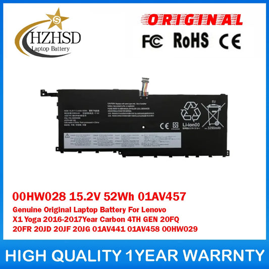 00HW028 15.2V 52Wh 01AV457 4Cell Genuine Original Laptop Battery For Lenovo X1 Yoga 2016-2017Year Carbon 4TH GEN 20FQ 20FR 20JD